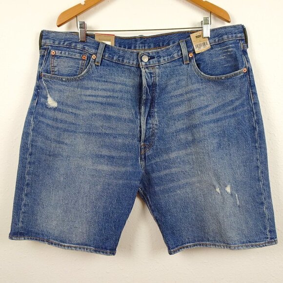 Levi's 501 Button Fly Shorts Men's Size 42 Blue Denim Stretch Distressed - Picture 1 of 9